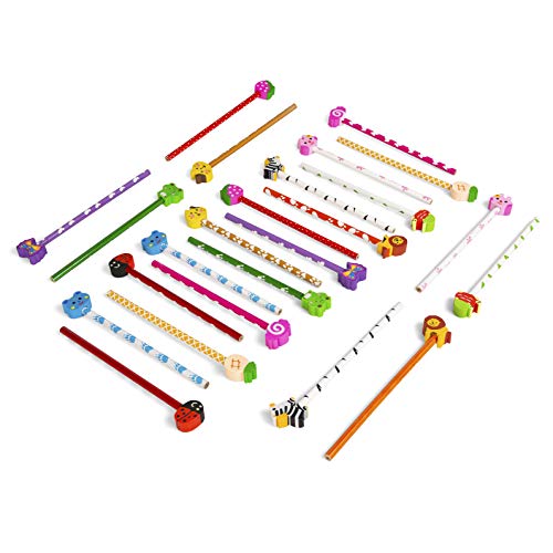 abeec 24 Funky Pencils with Eraser Toppers - 24 Pencils with Rubbers Set - 12 Different Designs with 2 of Each - Drawing Pencils for Kids 6+ - Party Bag Fillers
