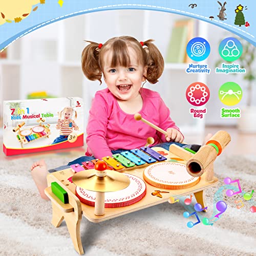 oathx Musical Instrument Toys Kids Toys 4 Years Old 5 6 7 Toddler Xylophone Toys Drum 3+ Montessori Toys Wooden Baby Musical Gifts for Boys Girls Children Drum
