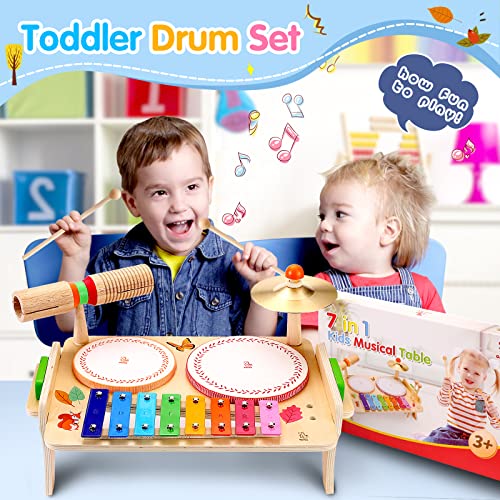 oathx Musical Instrument Toys Kids Toys 4 Years Old 5 6 7 Toddler Xylophone Toys Drum 3+ Montessori Toys Wooden Baby Musical Gifts for Boys Girls Children Drum