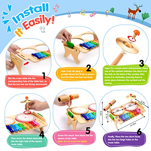 oathx Musical Instrument Toys Kids Toys 4 Years Old 5 6 7 Toddler Xylophone Toys Drum 3+ Montessori Toys Wooden Baby Musical Gifts for Boys Girls Children Drum