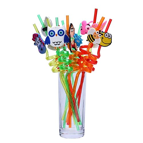 LOKIPA 12 Curly Animal Party Straws for Kids, Reusable Plastic Curly Novelty Crazy Party Straw for Kids Birthday