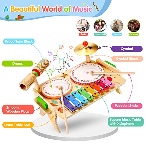 oathx Musical Instrument Toys Kids Toys 4 Years Old 5 6 7 Toddler Xylophone Toys Drum 3+ Montessori Toys Wooden Baby Musical Gifts for Boys Girls Children Drum