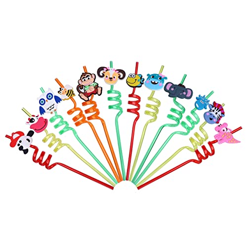 LOKIPA 12 Curly Animal Party Straws for Kids, Reusable Plastic Curly Novelty Crazy Party Straw for Kids Birthday
