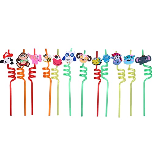 LOKIPA 12 Curly Animal Party Straws for Kids, Reusable Plastic Curly Novelty Crazy Party Straw for Kids Birthday