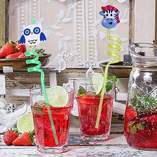 LOKIPA 12 Curly Animal Party Straws for Kids, Reusable Plastic Curly Novelty Crazy Party Straw for Kids Birthday
