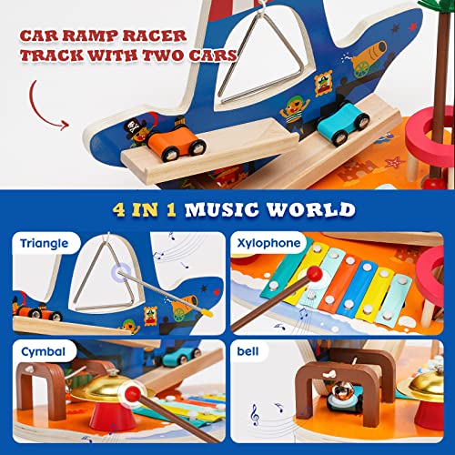 Wooden Musical Instrument Toy Set Pirate Ships Car Ramp Track Toy with 2 Mini Cars, Xylophone, Mallet, Bell, Triangle and Cymbal, Race Vehicle Playset Gift for 1 2 3 Year Old Toddlers Boys Girls