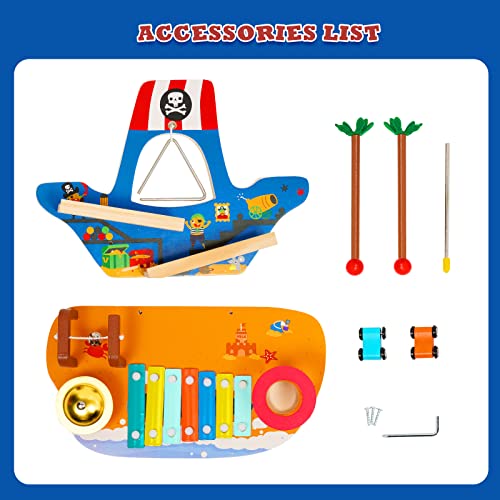 Wooden Musical Instrument Toy Set Pirate Ships Car Ramp Track Toy with 2 Mini Cars, Xylophone, Mallet, Bell, Triangle and Cymbal, Race Vehicle Playset Gift for 1 2 3 Year Old Toddlers Boys Girls