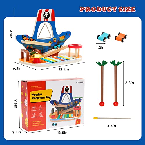 Wooden Musical Instrument Toy Set Pirate Ships Car Ramp Track Toy with 2 Mini Cars, Xylophone, Mallet, Bell, Triangle and Cymbal, Race Vehicle Playset Gift for 1 2 3 Year Old Toddlers Boys Girls