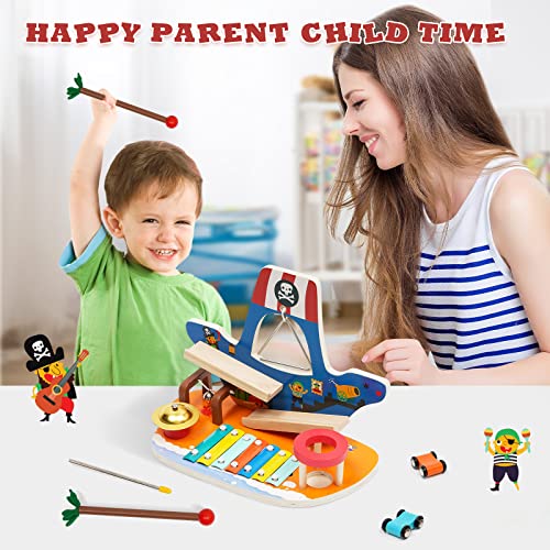 Wooden Musical Instrument Toy Set Pirate Ships Car Ramp Track Toy with 2 Mini Cars, Xylophone, Mallet, Bell, Triangle and Cymbal, Race Vehicle Playset Gift for 1 2 3 Year Old Toddlers Boys Girls