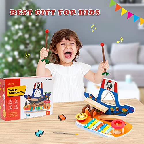 Wooden Musical Instrument Toy Set Pirate Ships Car Ramp Track Toy with 2 Mini Cars, Xylophone, Mallet, Bell, Triangle and Cymbal, Race Vehicle Playset Gift for 1 2 3 Year Old Toddlers Boys Girls