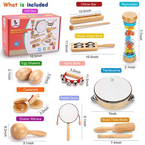 OATHX Baby Musical Toys for Toddlers 3+ Instruments for Ages 3-5 Wooden Music Set Montessori Toys for Babies Drum Tambourine Maracas Shakers Gifts for 6 7 Years Old Girl Boys