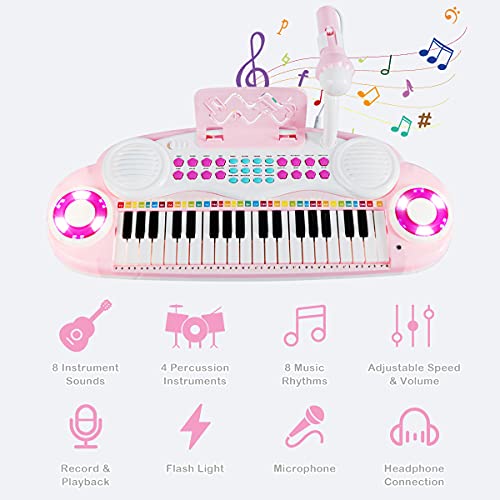 COSTWAY 37-Key Kids Electronic Keyboard with Microphone, Rhythm Light, Recording & Playback Function, Musical Instrument Toy Piano for Boys Girls (Pink)