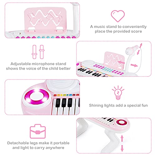 COSTWAY 37-Key Kids Electronic Keyboard with Microphone, Rhythm Light, Recording & Playback Function, Musical Instrument Toy Piano for Boys Girls (Pink)
