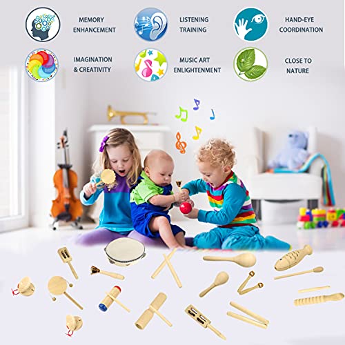Ulifeme Wooden Musical Instruments, 27pcs Percussion Instruments for Baby, Kids and Toddler, Children's Pure Wood Toys Set, Premium Percussion Rhythm Kit, Girls & Boys Gift, Pure Cotton Bag Packed