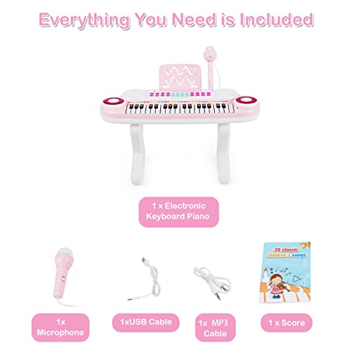 COSTWAY 37-Key Kids Electronic Keyboard with Microphone, Rhythm Light, Recording & Playback Function, Musical Instrument Toy Piano for Boys Girls (Pink)