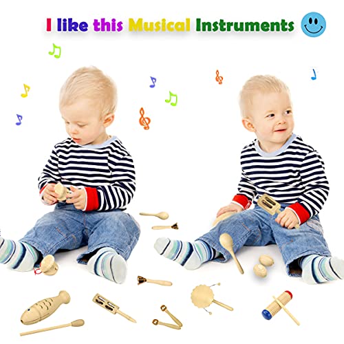Ulifeme Wooden Musical Instruments, 27pcs Percussion Instruments for Baby, Kids and Toddler, Children's Pure Wood Toys Set, Premium Percussion Rhythm Kit, Girls & Boys Gift, Pure Cotton Bag Packed
