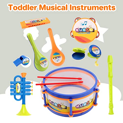 deAO Musical Instruments Toys, Kids Drum Set with Trumpet, Flute, Harmonica and Other Accessories- Great Beginners Musical Percussion Set for Kids