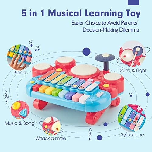 5 in 1 Baby Musical Instruments Toddler Toys for 1 Year Old Girls, Multi-Function Piano Drum Set Early Development & Activity Toys Baby Toys for 12 Months 2 3 4 5 6 Year Old Girls Boys Gifts