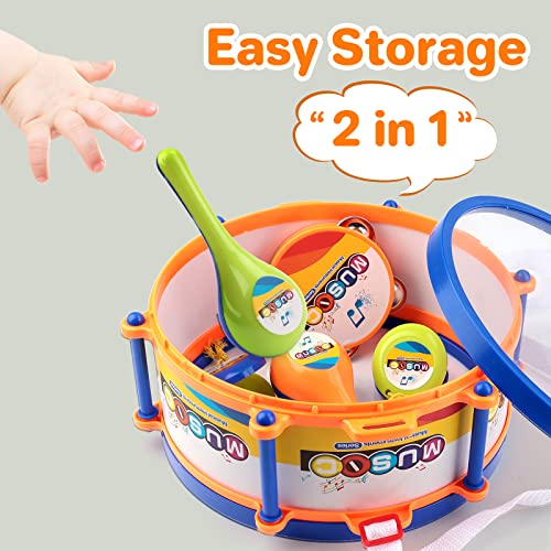 deAO Musical Instruments Toys, Kids Drum Set with Trumpet, Flute, Harmonica and Other Accessories- Great Beginners Musical Percussion Set for Kids
