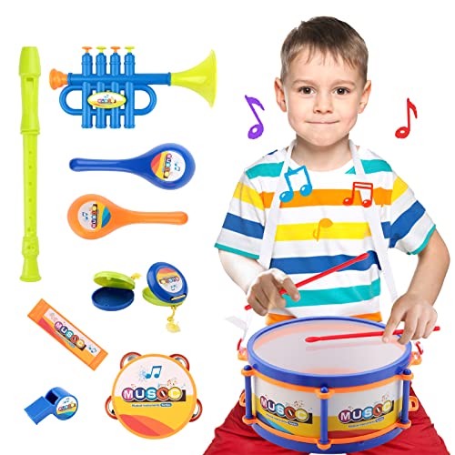 deAO Musical Instruments Toys, Kids Drum Set with Trumpet, Flute, Harmonica and Other Accessories- Great Beginners Musical Percussion Set for Kids