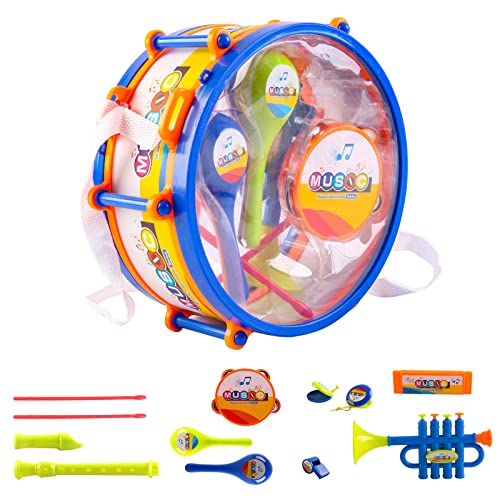 deAO Musical Instruments Toys, Kids Drum Set with Trumpet, Flute, Harmonica and Other Accessories- Great Beginners Musical Percussion Set for Kids