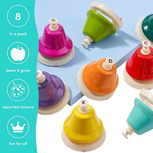 THE TWIDDLERS - 8 Rainbow Colour Coded Musical Bells for Kids Music Instrument Children Gift Set - How To Play Educational Song Guide (Nursery Classics)