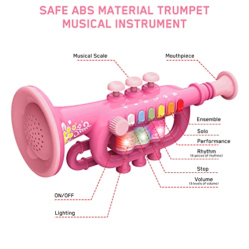 CestMall Trumpet Horn with Music Portable Children's Trumpet Toy Plastic Trumpet Toy with Lighted Musical Instrument, Trumpet Toy Gift to Kid Boys Girls for Learning & Entertainment