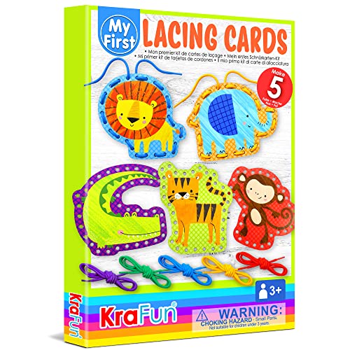 KRAFUN Beginner Preschool Lacing Card Kit for Kids Arts & Crafts, 5 Easy Safari and Animal Lacing Projects, Instructions Included, Lacing Cards for Toddlers, Fine Motor Skills Training Toys