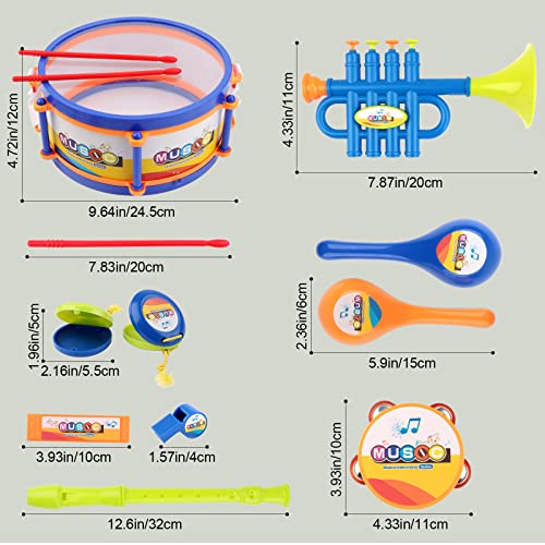deAO Musical Instruments Toys, Kids Drum Set with Trumpet, Flute, Harmonica and Other Accessories- Great Beginners Musical Percussion Set for Kids