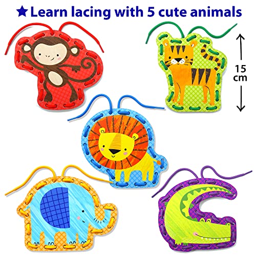 KRAFUN Beginner Preschool Lacing Card Kit for Kids Arts & Crafts, 5 Easy Safari and Animal Lacing Projects, Instructions Included, Lacing Cards for Toddlers, Fine Motor Skills Training Toys