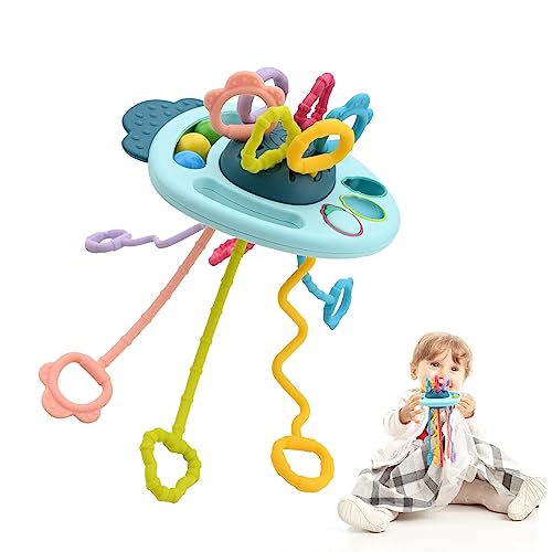 Baby Sensory Montessori Toys UFO Silicone Pull String Toys Early Education Educational Toys Toddler Sensory Activity Toy for 12-18 Months Travel and Teething Toys for Car Seat Baby Gifts (Blue)