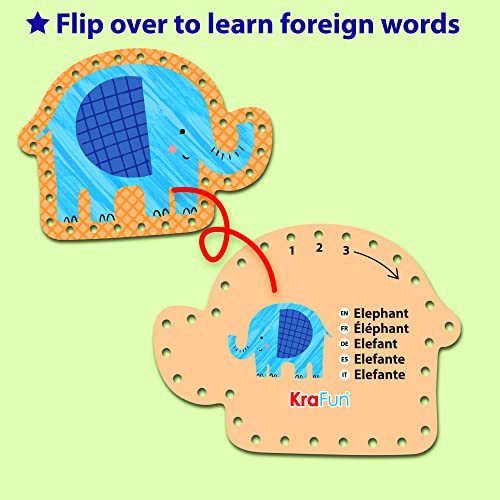 KRAFUN Beginner Preschool Lacing Card Kit for Kids Arts & Crafts, 5 Easy Safari and Animal Lacing Projects, Instructions Included, Lacing Cards for Toddlers, Fine Motor Skills Training Toys