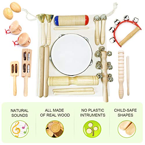 Ulifeme Musical Instruments, Wooden Percussion Instruments for baby, Kids and Toddler, Children's 23pcs Pure Wood Toys Set, Premium Percussion Rhythm Kit, Girls & Boys Gift, Pure Cotton Bag Packed
