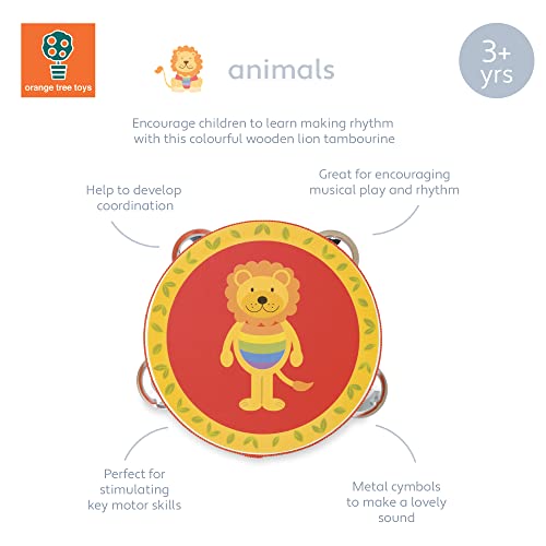 Lion Wooden Tambourine - Kids Musical Instruments for 3 Year Olds, Toddler Musical Toys - Baby Drum, Percussion Instrument, Boys, Girls - Early Development & Activity Toys by Orange Tree Toys