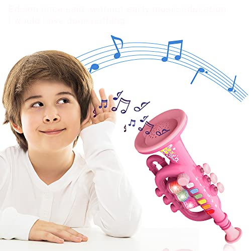 CestMall Trumpet Horn with Music Portable Children's Trumpet Toy Plastic Trumpet Toy with Lighted Musical Instrument, Trumpet Toy Gift to Kid Boys Girls for Learning & Entertainment