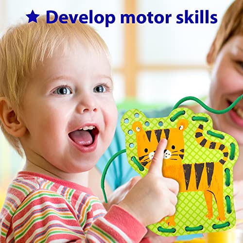 KRAFUN Beginner Preschool Lacing Card Kit for Kids Arts & Crafts, 5 Easy Safari and Animal Lacing Projects, Instructions Included, Lacing Cards for Toddlers, Fine Motor Skills Training Toys