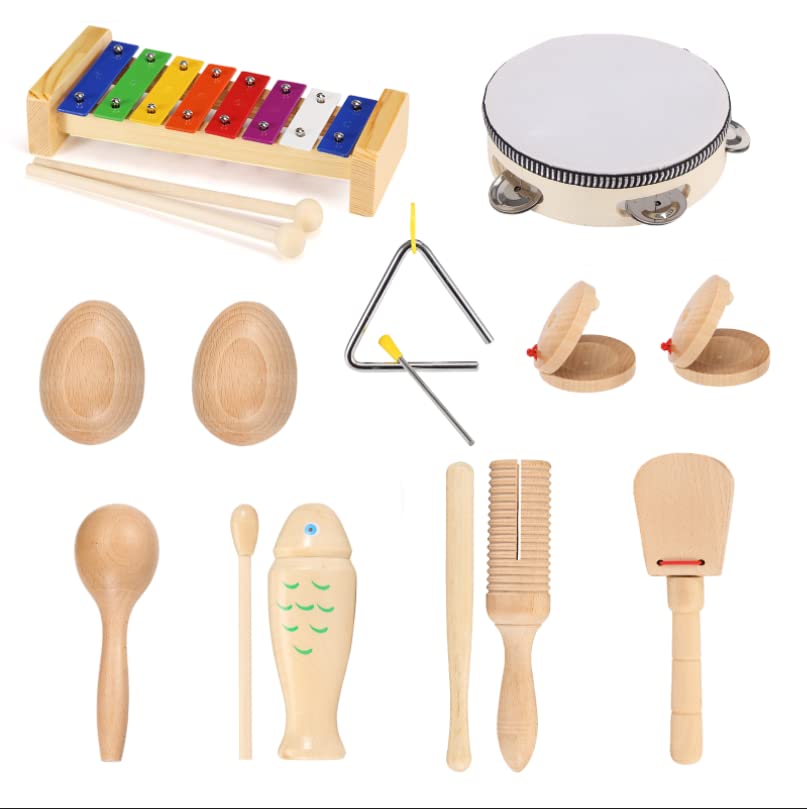 Music Toy Set, Wooden Musical Instrument for Kids & Toddler, Percussion Set with Xylophone & Maracas, Birthday for Boys Girls