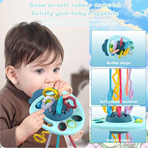 Baby Sensory Montessori Toys UFO Silicone Pull String Toys Early Education Educational Toys Toddler Sensory Activity Toy for 12-18 Months Travel and Teething Toys for Car Seat Baby Gifts (Blue)