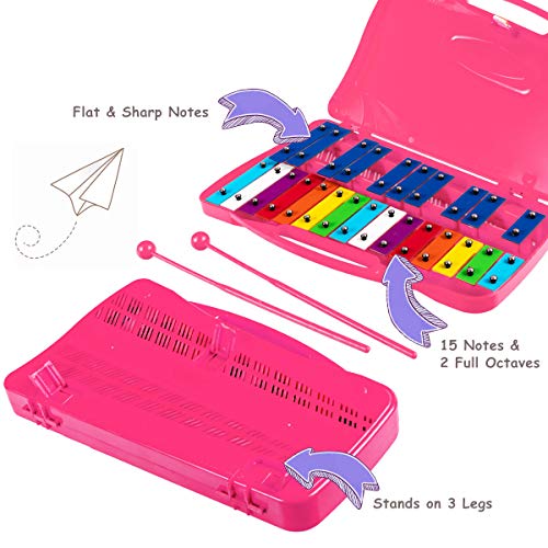 COSTWAY 25 Notes Xylophone, Colorful Glockenspiel with Clear Tuned Metal Keys, 2 Child-Safe Beaters, Song Cards and Solid Case, Musical Instrument Toy for Kids, Toddlers (Pink)