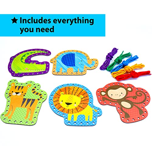 KRAFUN Beginner Preschool Lacing Card Kit for Kids Arts & Crafts, 5 Easy Safari and Animal Lacing Projects, Instructions Included, Lacing Cards for Toddlers, Fine Motor Skills Training Toys
