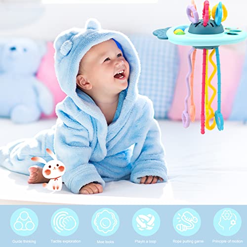 Baby Sensory Montessori Toys UFO Silicone Pull String Toys Early Education Educational Toys Toddler Sensory Activity Toy for 12-18 Months Travel and Teething Toys for Car Seat Baby Gifts (Blue)