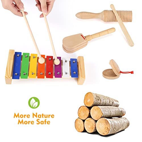 Music Toy Set, Wooden Musical Instrument for Kids & Toddler, Percussion Set with Xylophone & Maracas, Birthday for Boys Girls