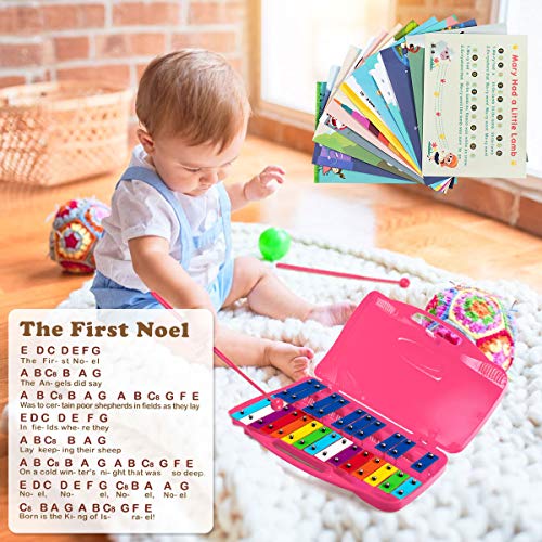 COSTWAY 25 Notes Xylophone, Colorful Glockenspiel with Clear Tuned Metal Keys, 2 Child-Safe Beaters, Song Cards and Solid Case, Musical Instrument Toy for Kids, Toddlers (Pink)
