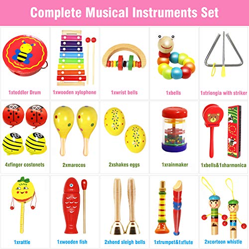 Vykor Toddlers Musical Instruments 24 Pcs Kids Wooden Music Toys Musical Percussion Drum Set for Boys Girls 1 2 3 4 5 Years Olds 12 Months Up Promotes Early Development and Educational Learning