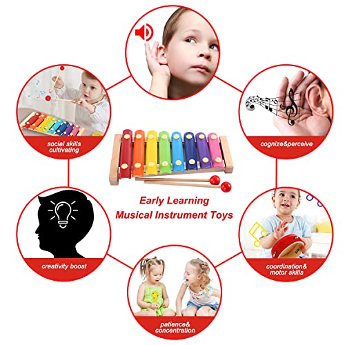Vykor Toddlers Musical Instruments 24 Pcs Kids Wooden Music Toys Musical Percussion Drum Set for Boys Girls 1 2 3 4 5 Years Olds 12 Months Up Promotes Early Development and Educational Learning