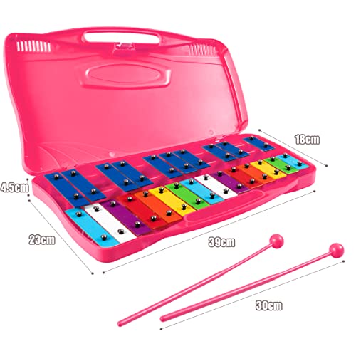 COSTWAY 25 Notes Xylophone, Colorful Glockenspiel with Clear Tuned Metal Keys, 2 Child-Safe Beaters, Song Cards and Solid Case, Musical Instrument Toy for Kids, Toddlers (Pink)