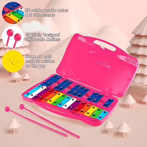 COSTWAY 25 Notes Xylophone, Colorful Glockenspiel with Clear Tuned Metal Keys, 2 Child-Safe Beaters, Song Cards and Solid Case, Musical Instrument Toy for Kids, Toddlers (Pink)