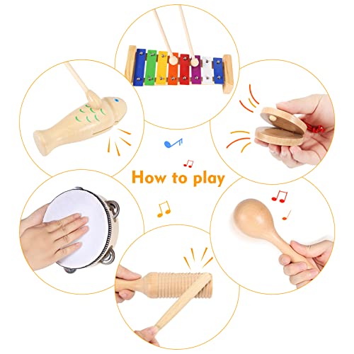 Music Toy Set, Wooden Musical Instrument for Kids & Toddler, Percussion Set with Xylophone & Maracas, Birthday for Boys Girls