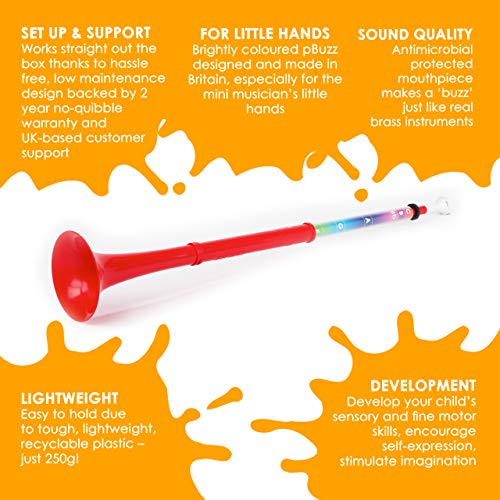 pInstrument pBuzz Plastic Kids Musical Instrument - Easy to Play Range of 6 Notes - Authentic Bb Sound for Student and Beginner - Detachable Mouthpiece - Lightweight - Durable ABS Construction - Red