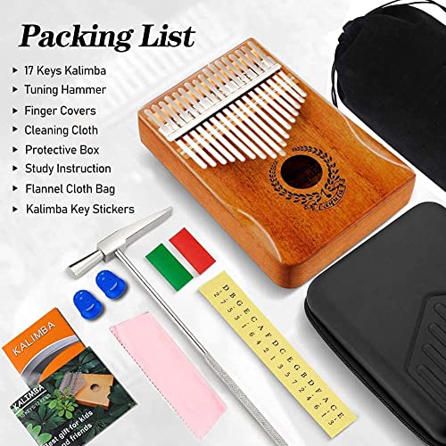 Kalimba 17 Keys Thumb Piano - Portable Mbira Sanza Finger Piano Professional Musical Instrument Marimbas with Protective Case, Study Instruction, Tuning Hammer Gift for Kids Adults Beginners
